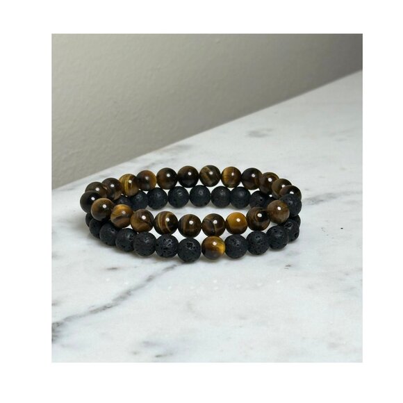 Tiger's Eye & Lava Stone Beaded Bracelet Set Essential Oil Diffuser Bracelets - Picture 1 of 3